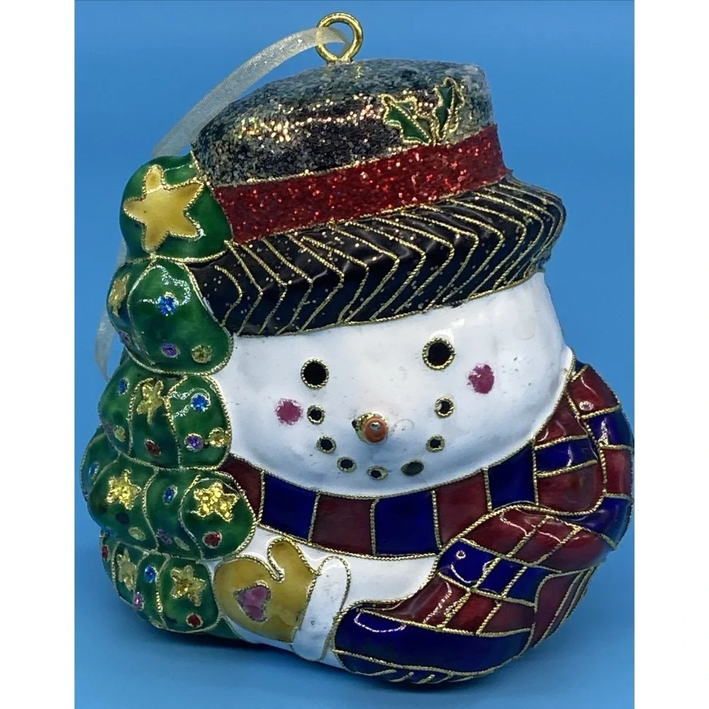 Hand Painted Cloisonne, Bkd Enamel SNOWMAN Ornament W/Xmas Tree/ Hat/Carrot Nose